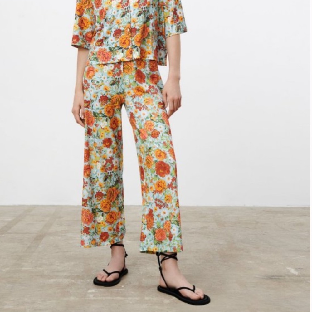 🌼 ZARA BOHO BLUE ORANGE FLORAL HIGH WAIST PANTS/LEGGINGS! - Picture 11 of 13